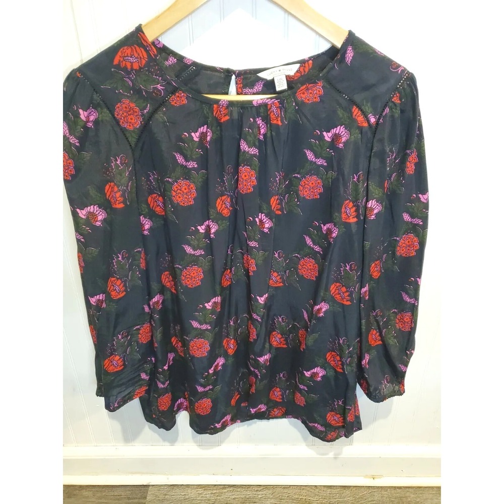 Lucky Brand Viscose Black Floral‎ Print Top Blouse Flowy Womens Large